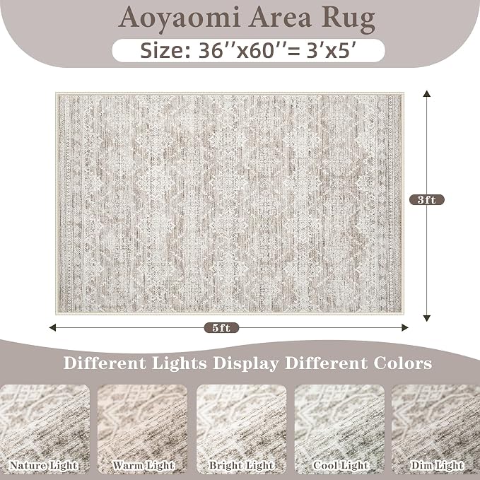 Area Rug 3x5 Geometric Rug: Washable Boho Moroccan Rugs Soft Farmhouse Rug, Modern Neutral Stain Resistant Indoor Floor Carpet for Livingroom Bedroom Dining Table Nursery(Ivory Mocha,3'x5')