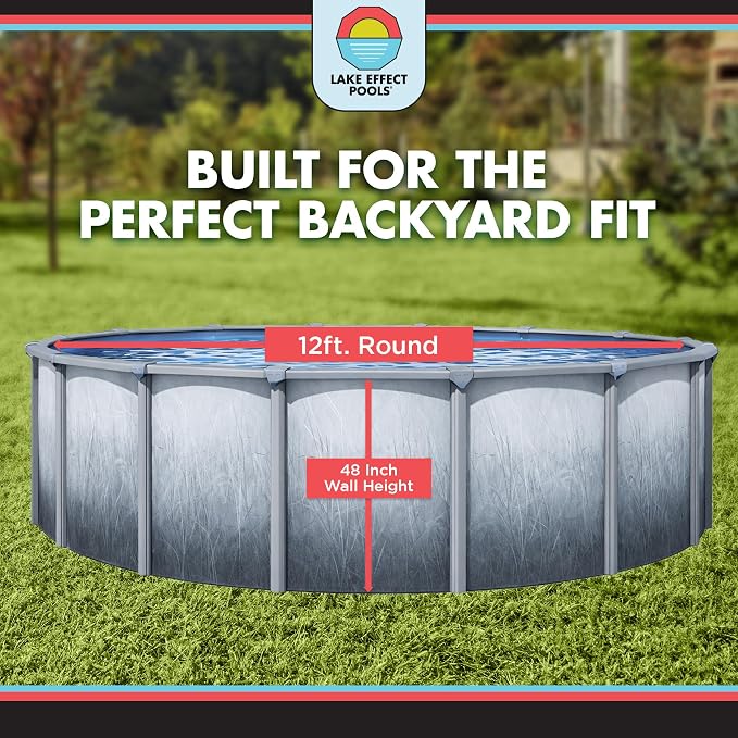 Lake Effect Pools 'Bermuda' 12 ft Round Above Ground Swimming Pool | 48 Inch Walls | 6" Steel Top Ledge | Bundle Includes: 25 Gauge Overlap Liner & Widemouth Skimmer