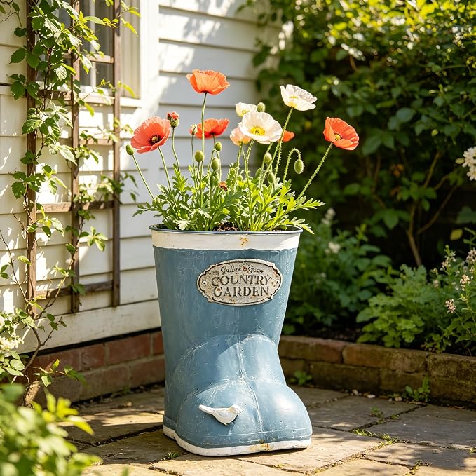 Vintage Blue Rain Boot Planter, Country Garden Metal Boot Flower Pot, Rustic Farmhouse Decorative Planter for Indoor Outdoor Succulents, Herbs, Garden & Porch Decor