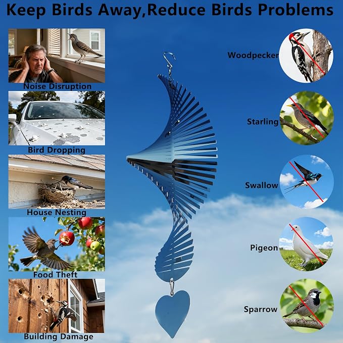 2pcs Bird Scare Devices to Keep Woodpeckers, Pigeons Away from Your House, Patio, Orchards,15.8"x 5.9" High Reflective 304Mirror Stainless Steel Wind Spinners Outdoor Garden Decor