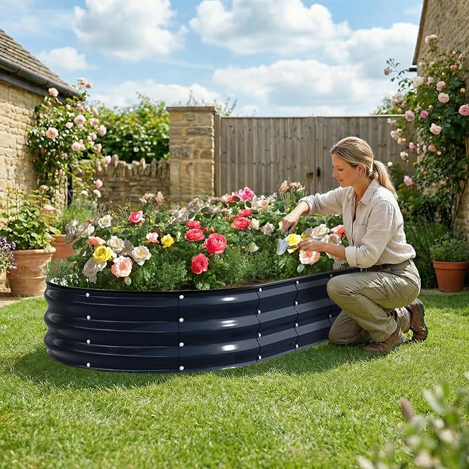 Kesfitt Raised Garden Bed, 6x3x1 FT Galvanized Steel Metal Raised Garden Bed, Oval Open-Bottom Design, 12-Inch Deep for Outdoor Vegetable & Herb Gardening, Midnight Blue