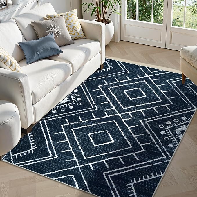 LIVEBOX Western 5x7 Area Rug, Navy Washable Rugs for Living Room Bedroom, Non Slip Moroccan Tribal Rug Low Pile Soft Geometric Boho Large Area Rugs Diamond Carpet for Dining Room Home Office Decor