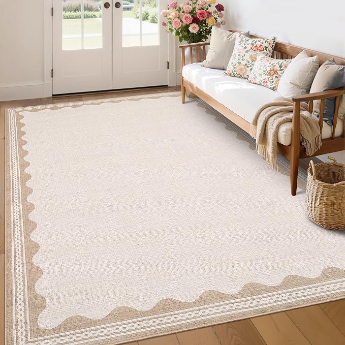 Garvee Large Washable Rug 9x12 Modern Indoor Living Room Rug Non Slip Beige | Stain-Resistant Low Pile Floor Cover Ultra Soft Foldable Bordered Print Carpet for Bedroom Nursery Office Dorm Kids Room