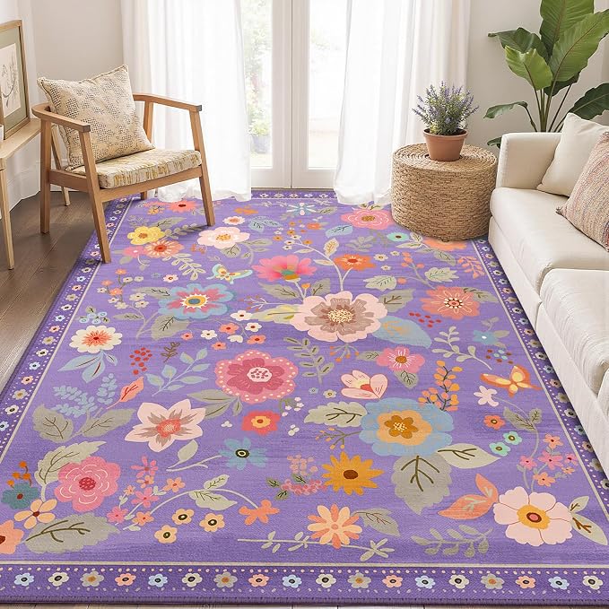 RELEANY Floral Washable 5x7 Area Rugs Purple/Pink | Flower Carpet, Print, Boho, Non-Slip, Easy to Clean, Soft, Low Pile for Living Room Bedroom Kitchen Office Entryway Hallway