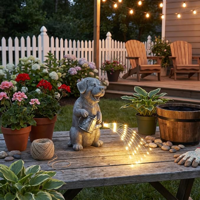 Lavezee Solar Garden Decor Dog Statues Outdoor, Dog Garden Statue 9.8‘’ for Yard Decorations Outdoor, Ideal Gifts for Mom Dad Dog Lovers Birthday Housewarming Present