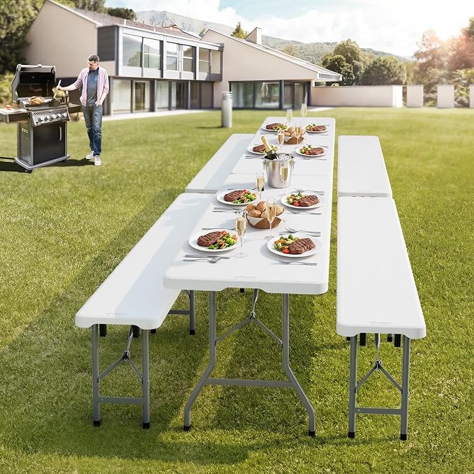 VINGLI 8 feet Plastic Folding Bench,Portable in/Outdoor Picnic Party Camping Dining Seat, Garden Soccer Multipurpose Entertaining Activities, Smooth HDPE Tabletop (2, White, 8ft)