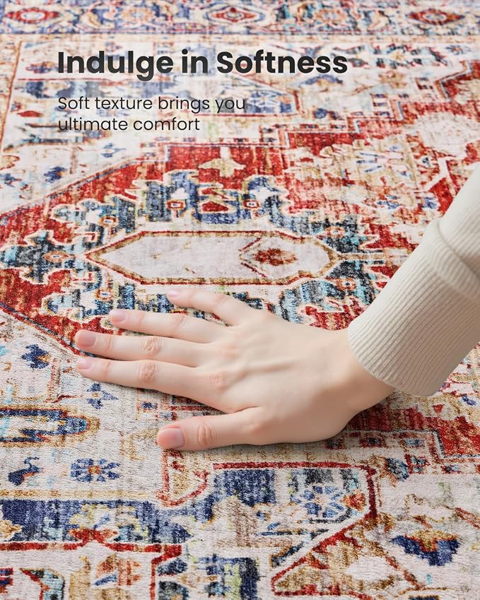 AMADA HOMEFURNISHING 8x10 Washable Area Rug, Low-Profile Large Area Rug with Non-Slip Backing & Durable Edge Binding, Vintage Large Rugs for Living Room, Bedroom, Dinning Room