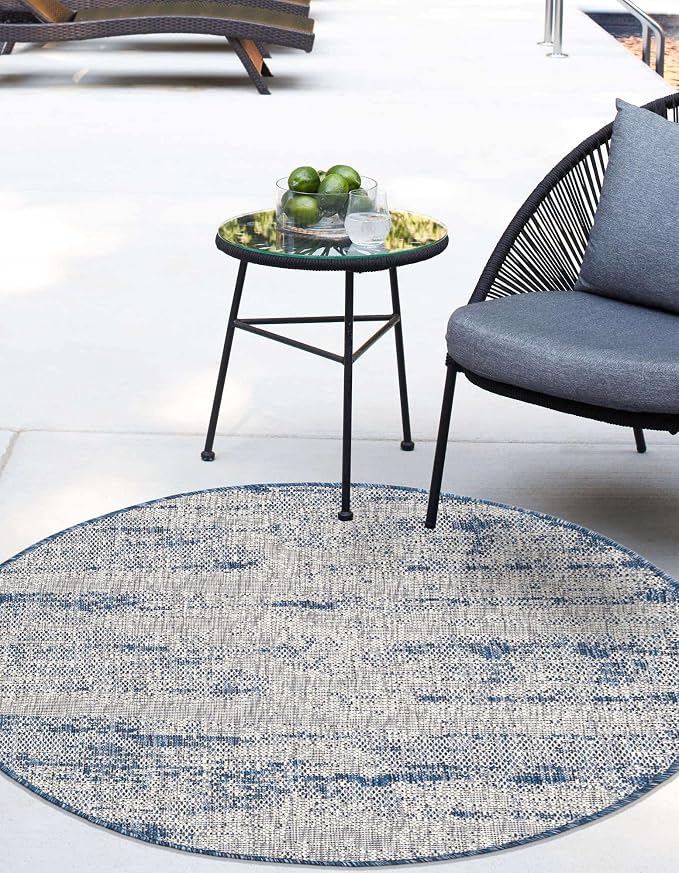 Unique Loom Outdoor Modern Collection Area Rug - Cartago (10' Round, Blue/ Ivory)