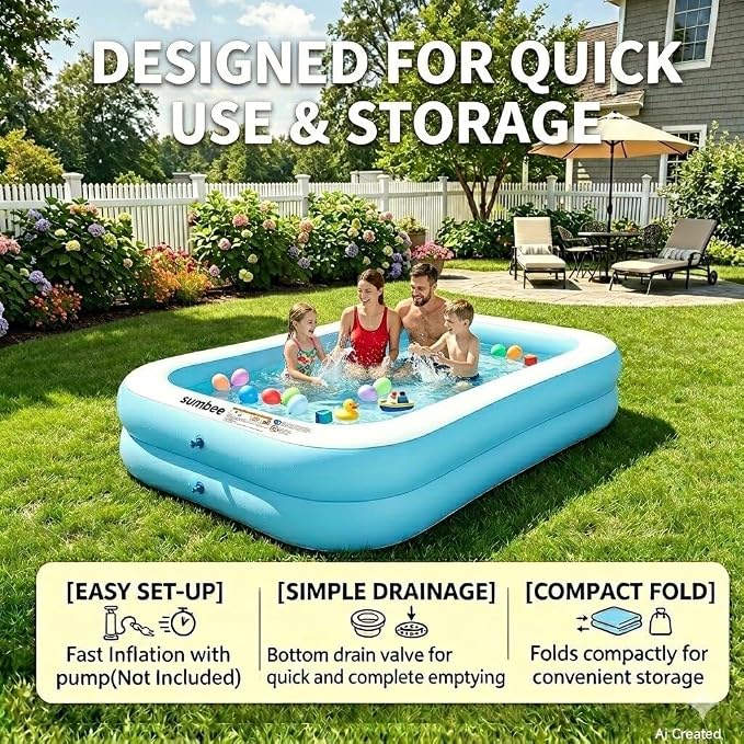Sumbee Inflatable Pool for Kids and Adults, 103" x 69" x 20" Oversized Thickened Blow Up Swimming Family Pool for Toddlers Outdoor Patio Backyard Garden Deck Summer Party, Full Size Rectangular Blue