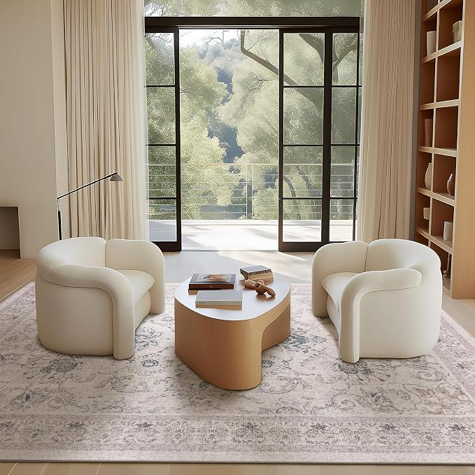 Phantoscope Washable Area Rug 5'x7' Non-Slip, Vintage Neutral Rugs for Living Room, Bedroom, Dining Room, Distressed Boho Floral Medallion Pattern, Low-Pile Foldable Floor Carpet, Cream Beige/Neutral