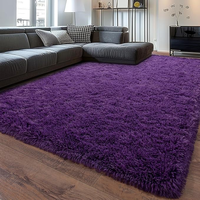 Soft Purple Rugs for Bedroom, Shag Fluffy Washable 4x6 | Upgrade Non-slip, 4 x 6 Shaggy Rugs for Living Room, High Pile Fuzzy Plush Carpet Kids Room Dorm, Flame Resistant