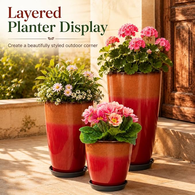 Neoaider Set of 3 Tall Planter, 24/21/12in Large Plastic Planter, Firey Red | Ceramic-Look, Lightweight, Built-in Drain Hole, Saucers, Tall Outdoor Planter for Porch, Garden, Patio, Balcony