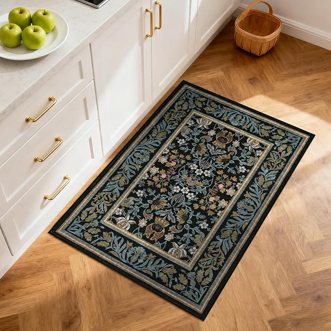 GarveeHome Small Area Rugs 2x3 Non Slip Washable Entryway Rug, Blue Black | Boho Vintage Front Door Mat Soft Low-Pile Stain Resistant Indoor Throw Carpet for Kitchen Bathroom Bedroom Decor