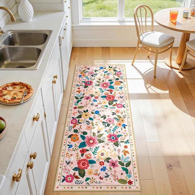 Floral Washable 2x5 Area Rugs Runner Entryway Hallway Pink | Flower Carpet, Print, Boho, Non-Slip, Easy to Clean, Low Pile, Soft, for Living Room Bedroom Kitchen Office Entrance