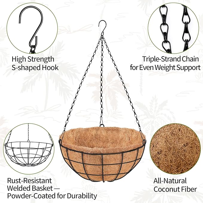 18 Inch Hanging Baskets for Plants Outdoor, 4 Pack Large Hanging Planters for Outdoor Plants, Round Wire Hanging Flower Pots with Coconut Coir Liners for Garden, Deck, Porch, Balcony