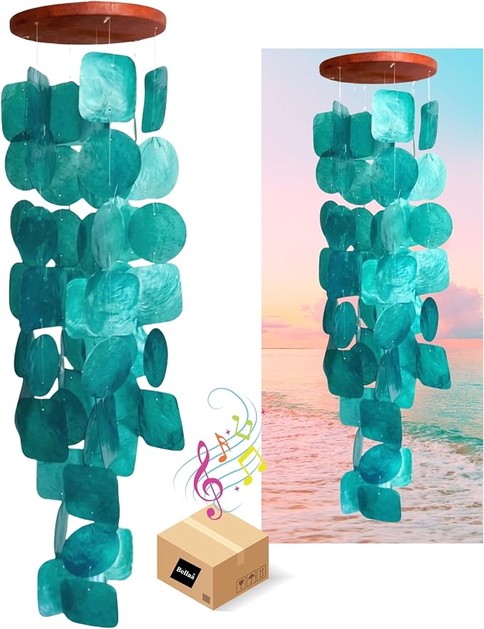 Bellaa Handmade Wind Chimes Outdoor, Musical, Garden Decorations, Beach, Ocean, Breeze, Gifts for Mom, Outside Windchimes, 63pcs, Capiz, Shells, Sea, Glass, Wood, Turquoise, 20744