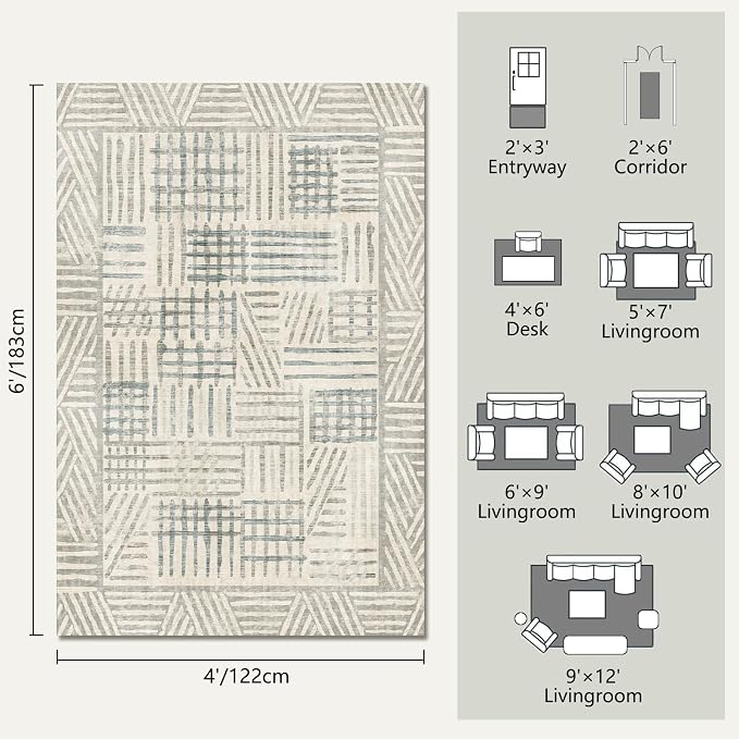 Area Rug 4x6 Abstract Geometric Textured Brushstroke - Neutral Gray & Light Blue Modern Minimalist Area Rug, Decorative Carpet for Living Room Bedroom Home Decor