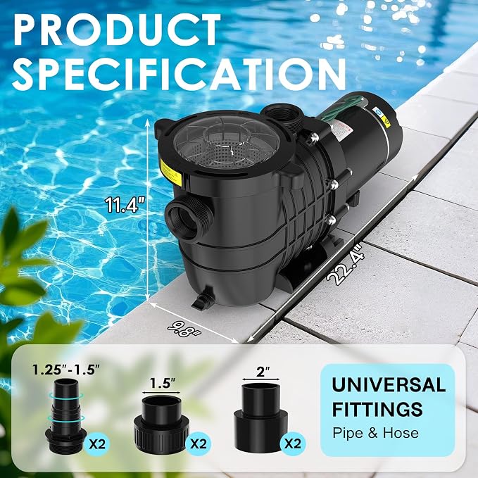 Seeutek 1.5HP Pool Pump for Above/In Ground Pools, 115V/230V 6600GPH | High Flow Energy Efficient Pure Copper Motor, 1.5", 2", and 1.25"-1.5" Connectors, Strainer Basket & Drain Plug, Self Priming