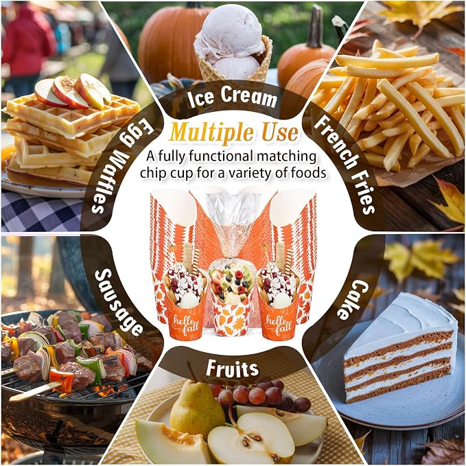 FYSUIMU 50 Pcs 14 Oz Fall Thanksgiving Charcuterie Cups with Sticks Bags Twist Ties Maple Leaves Disposable Appetizer Cup French Fry Holder for Autumn Party Favor Supplies