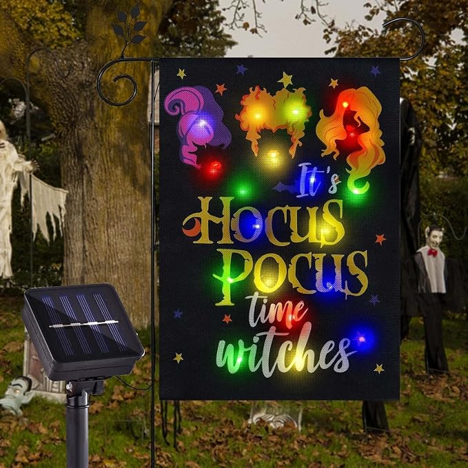 Halloween Lighted Garden Flag, Solar It's Hocus Pocus Witch Yard Flag for Outside, 8 Modes Double Sided Halloween Outdoor Decorations for Home Porch