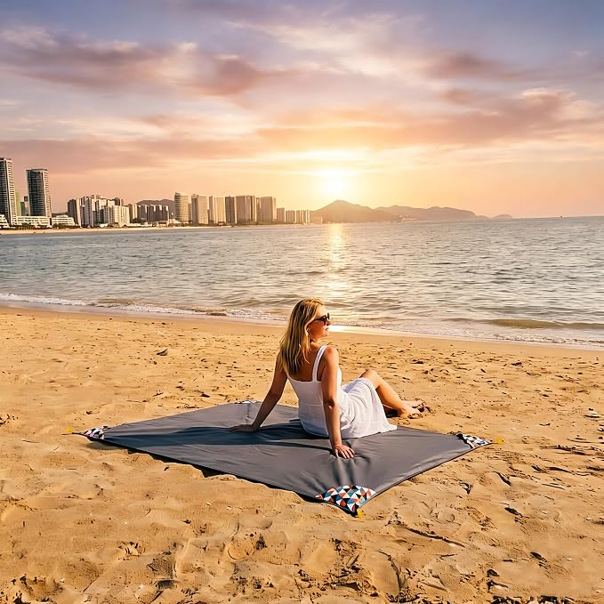 Pocket Blanket 71"x55", Lightweight Compact Sandproof Waterproof Outdoor Blanket for Beach, Hiking, Camping, Travel, Festivals, Picnic with Pockets, Loops, Stakes, Carabiner