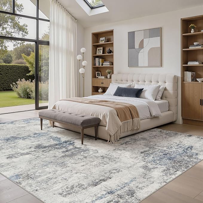 DMOYEST 9x12 Area Rug for Living Room Washable Abstract Indoor Carpet | Neutral Modern Low Pile Rugs Kid & Pet Friendly Large Soft Thin Carpet for Bedroom Dining Room - Grey Blue
