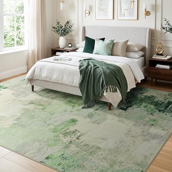 Joydeco Washable 8x10 Light Green Abstract Low Pile Living Room Area Rugs | Non-Slip Soft Stain Resistant Machine Wash Modern Pet Child Friendly Carpet for Bedroom Dining Room Home Office Playroom Rug