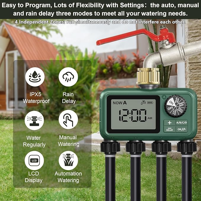 Water Timer for Outdoor Garden Hose, Sprinkler Timer for Garden Faucet with Auto/Manual/Rain Delay Mode, Sprinkler Irrigation Controller for Yard Lawn (4 Zones Brass Inlet)