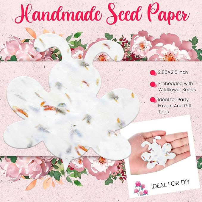 Dunzoom 50 Pcs Handmade Seed Paper Plantable Wildflower Seed Paper Recycled Flower Petals Tags Wedding Favors for Guests Craft Gifts Cards for Envelope Birthday Party, 5 Styles (Bee Shape)