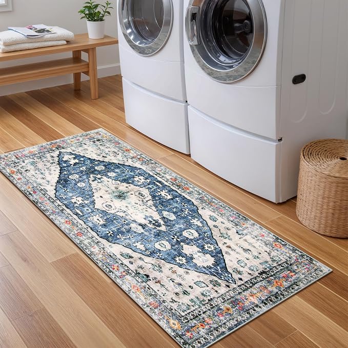Lahome Felice Boho Tribal Runner Rug, 2x4.3 Blue Hallway Runners Rug Small Bathroom Rugs, Oriental Soft Machine Washable Non Slip Bedside Carpet Runner for Bedroom Entrance Kitchen Laundry
