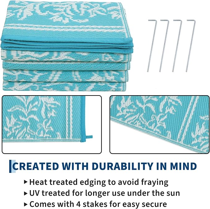 Garvee Outdoor Rugs 9x18 Waterproof Reversible Mat Boho Leaf Patio Rug with 4 Stakes and Starage Bag, Large Outdoor RV Mat Rugs for Camping, Picnic, Balcony, Deck, Backyard, Teal & White