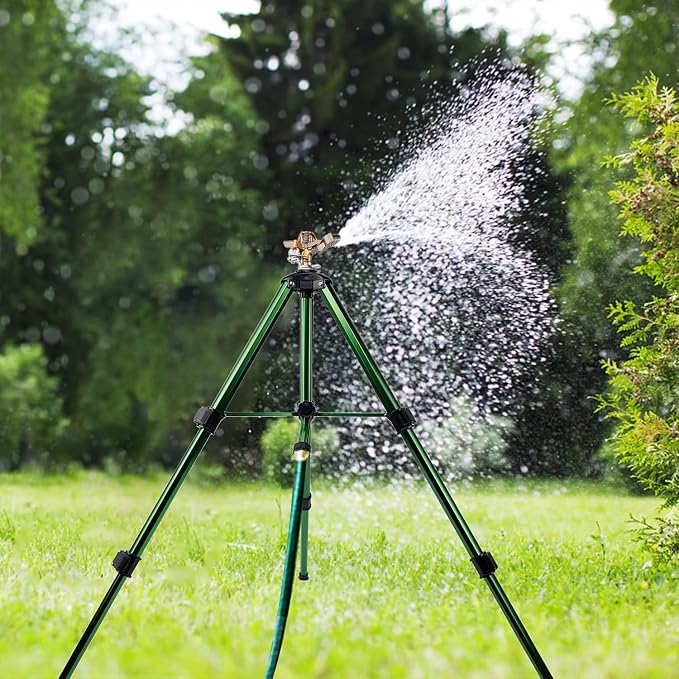 Biswing Impact Sprinkler Head on Tripod Base, Heavy Duty Lawn Sprinklers, 360 Degree Large Area Irrigation, Metal Sprinkler Nozzle & Solid Alloy Metal Extension Legs Flip Locks, 2 Pack