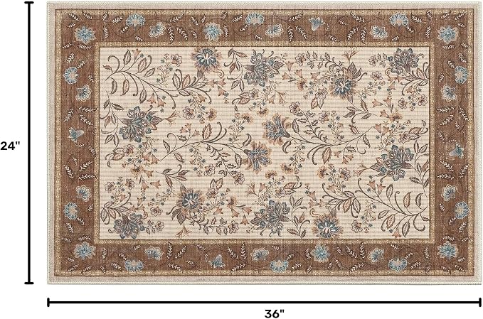 GarveeHome Small Brown Entryway Rug 2x3 Washable Front Door Rug Doormat | Low Pile Indoor Entrance French Floral Carpet Non-Slip Beige Throw Rugs for Kitchen, Powder Room, Entry, Bathroom, Kids Room