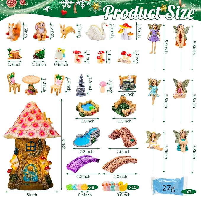 Poen 8'' Solar Light up Fairy House Garden 6-8 Fairy Figures Garden Accessories Kit Animals Doll House Decor Outdoor Micro Landscape Ornaments(Pink)