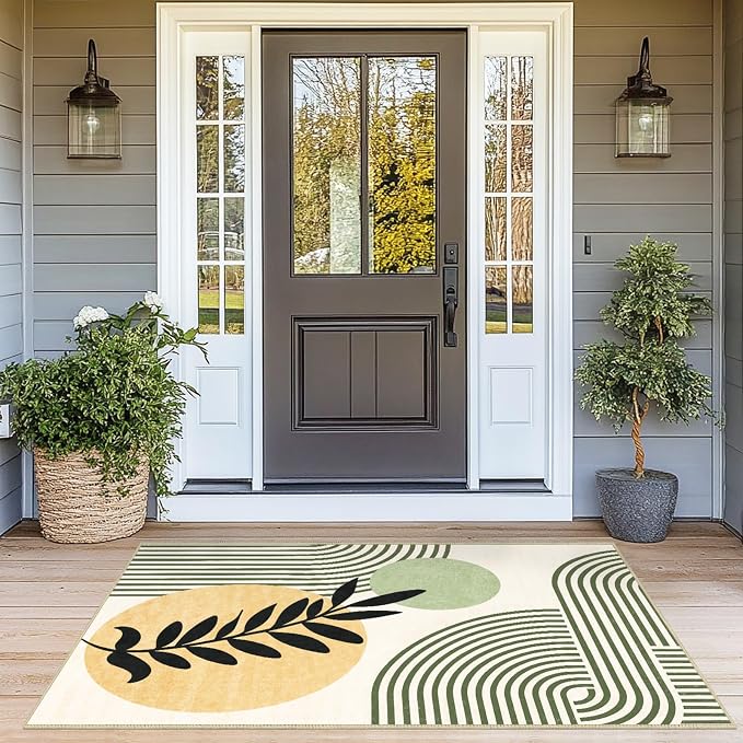 3x5 Green Boho Area Rug for Bedroom Abstract Mid Century Modern Rug | Washable Modern Tropical Leave Rugs Low Pile Non-Slip Floor Carpet for Kitchen Living Room Dining Room Bedroom Entry