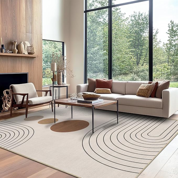 8x10 Area Rug for Living Room Boho Modern Minimalist Geometric Abstract Large Rug Neutral Beige Mid Century Modern Machine Washable Non-Slip Printed Low-Pile Indoor Floor Carpet Dining Room Bedroom