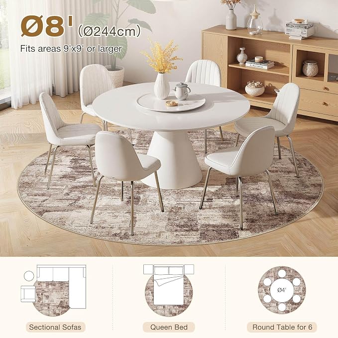 kakania Abstract 8x8 Round Rugs for Living Room: Circle Rugs 8FT Brown | Washable, Soft, Non-Slip, Low-Pile, Pet & Kid Friendly - Large Modern Home Decor Carpet for Bedroom/Dining Room/Nursery