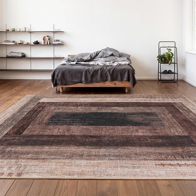Neutral Geometric Brown 6x9 ft Large Rug for Living Room Bedroom | Contemporary Modern Area Rugs Vintage Non-Slip Soft Faux Wool Low Pile Indoor Carpet for Dining Room Office Home Decor