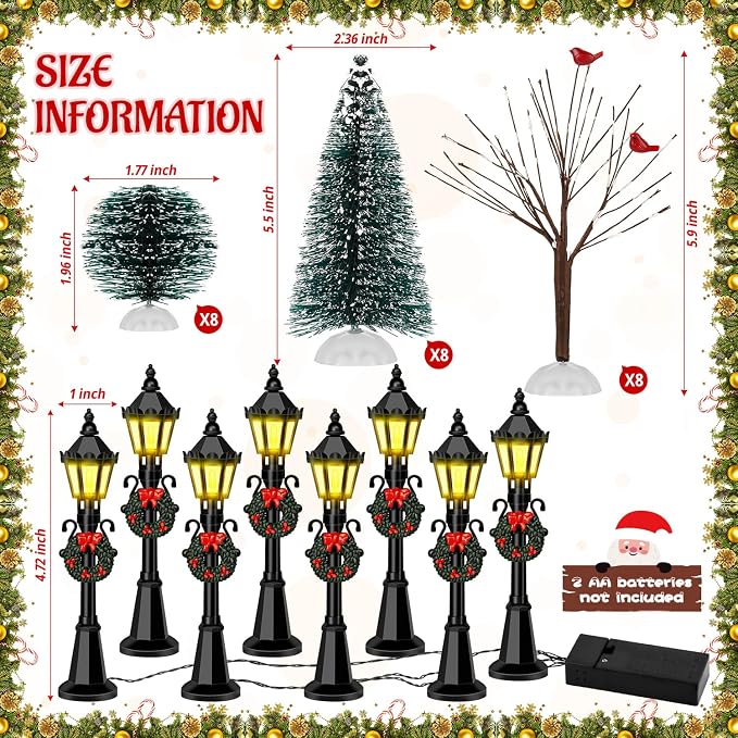 32 PCS Christmas Figurine Village Accessories, Mini Street Light Models with Brush Trees, Miniature Christmas Pathway Street Lamps Lantern Post for DIY Micro Landscape Fairy Garden