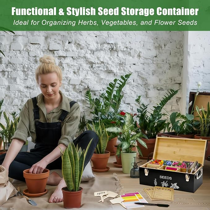 Natural Bamboo Seed Storage Organizer Box – Large Seeds Saver Kit Included Stainless Steel Garden Tools, 20 Seed Envelopes, 10 Wooden Plant Labels, Mark Pen & 3 Color Stickers