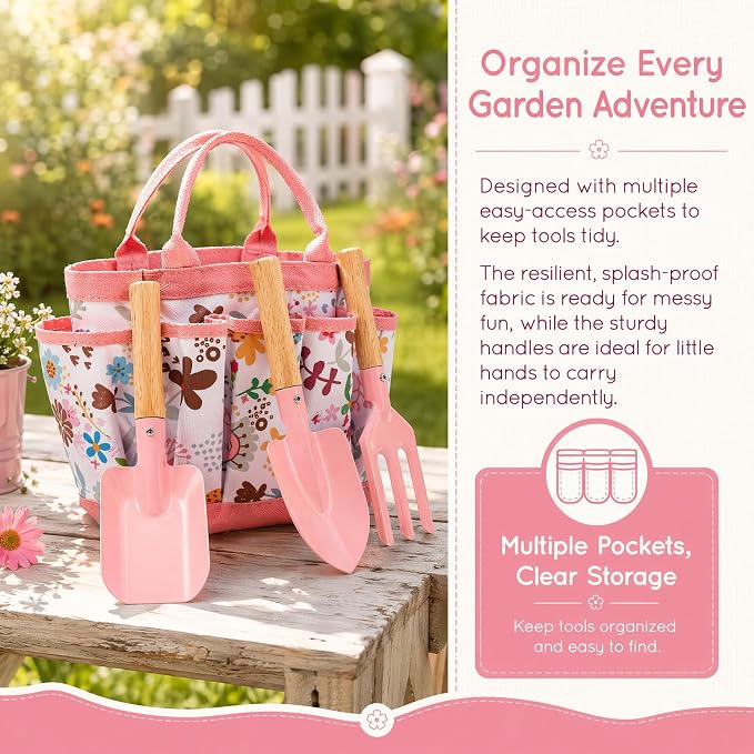 Ecolley Kids Gardening Tool Set Toys - 7 Pieces Quality Garden Kit for Toddlers & Kids with Shovels, Rake, Watering Can, Apron, Gloves & Storage Bag (Pink Flower)