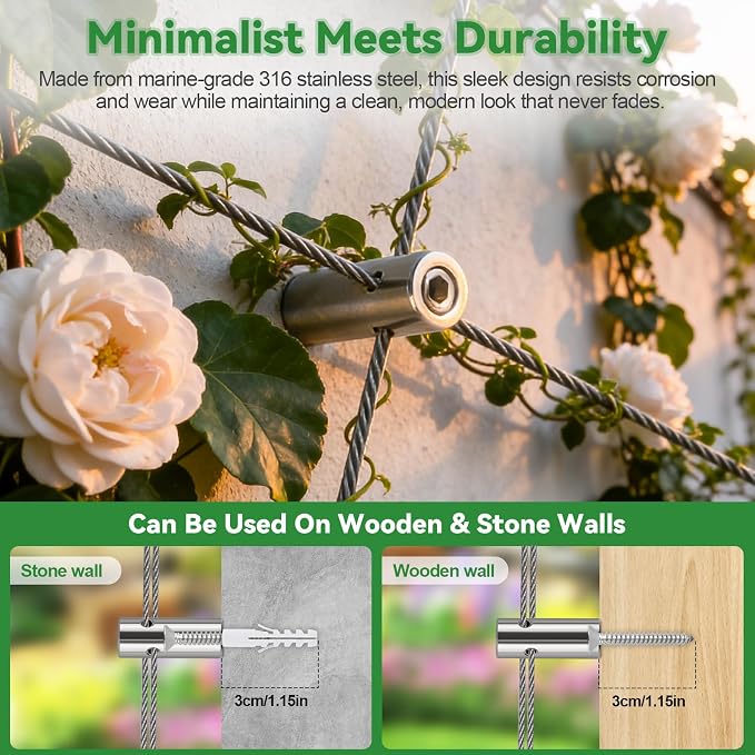 12PCS Wire Garden Trellis Kit, Kalolary T316 Stainless Steel Cylindrical Standoffs for 5/64"-1/8" Wire Rope & Rods, Wall Wire Trellis System for Climbing Plants DIY Outdoor Garden Vine Flower Wall