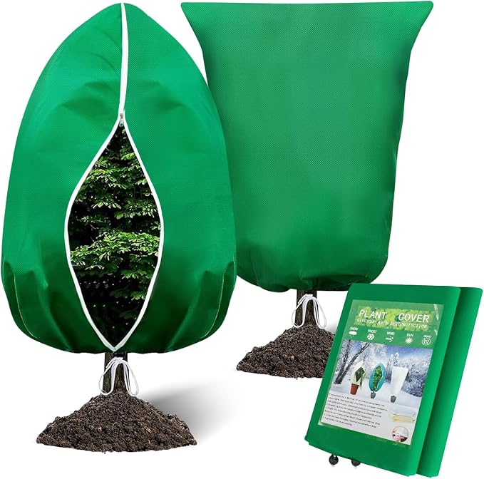 Winter Plant Covers Freeze Protection, 2 Pack Frost Covers (31.5" x 47.3"), with Zipper and Drawstring Reusable, 2.36 oz/yd² Frost Blankets for Outdoor Plants, for Potted Shrubs Fruit Trees