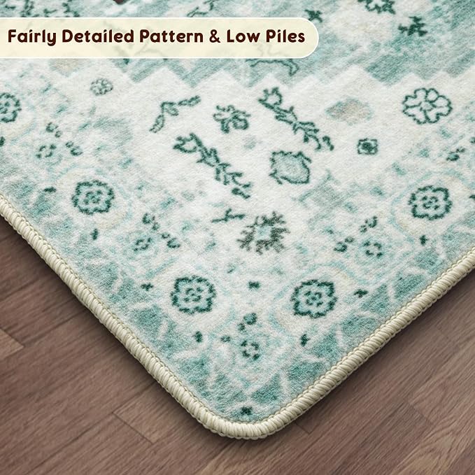LBRO2M Machine Washable Rug Soft Pet Friendly Carpet 8X10 Green | Persian Rug 8X10 for Living Room, Bedroom, Dining Room, Home Office, Non Slip Carpet, Foldable Stain Resistant Rugs