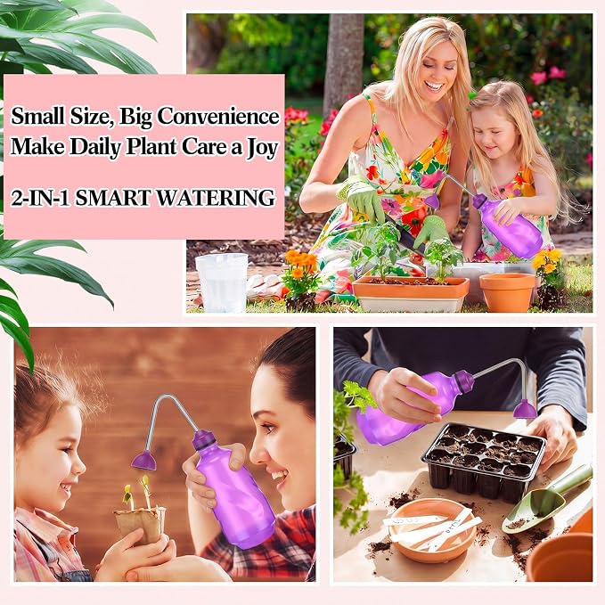 Reallnaive 1/2 Gallon Long Spout Watering Can Set for Indoor & Outdoor Plants – Includes Spray Bottle, Squeeze Bottle, Watering Globes & Soil Moisture Meter for Garden & House Plants(Pink)