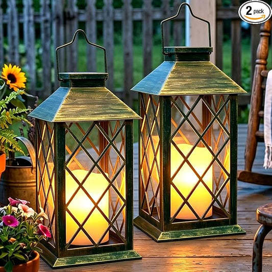 2 Pack 14" Large Tempered Glass Solar Lanterns Outdoor Waterproof, Hanging Solar Lights with Flickering Flameless Candles, Solar Lantern for Wall Porch Patio Table Garden Decoration-Bronze