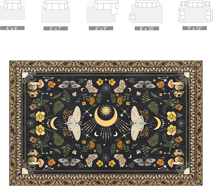 Nayoroom Gothic Luna Moth Black Area Rug, Machine Washable, 8 x 10 ft | Luna moth fantasy motif; Dark academia style; Soft surface; Machine washable; Non-slip backing; Living room or bedroom