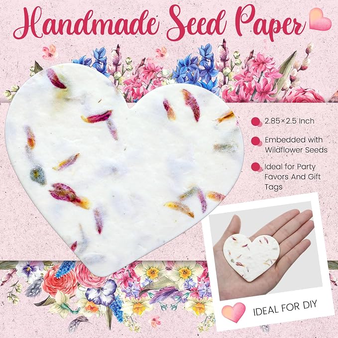 Dunzoom 50 Pcs Handmade Seed Paper Plantable Wildflower Seed Paper Recycled Flower Petals Tags Wedding Favors for Guests Craft Gifts Cards for Envelope Birthday Party, 5 Styles (Heart)