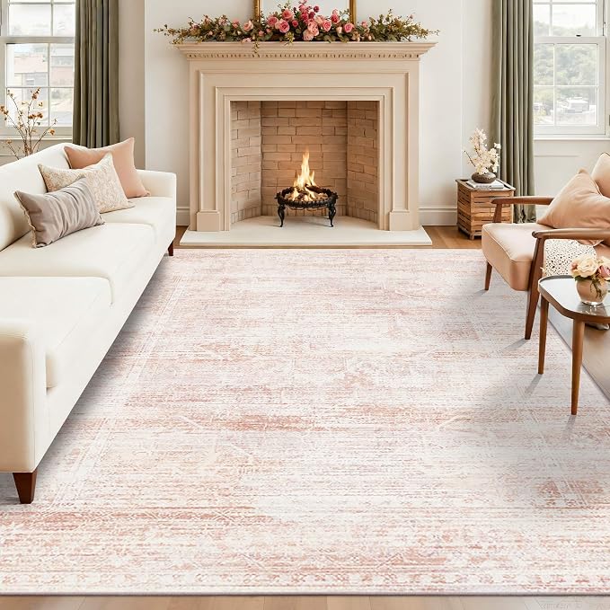 Latte&Fog Pink Rugs for Girls Bedroom Washable Cute Floral 6x9 Area Rug | for Dining Kitchen Kids Nursery Playroom Guest Room Classroom Dorm Farmhouse Office, Non Slip Low Pile Soft Floral Carpets