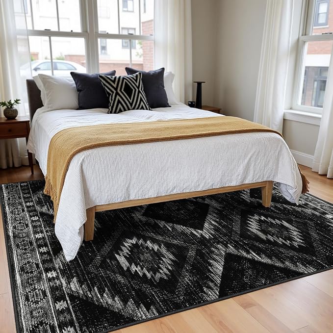 7'x9' Washable Area Rug for Living Room Bedroom Black | Soft Western No Slip Low Pile Print Foldable Indoor for Kitchen Dining Room